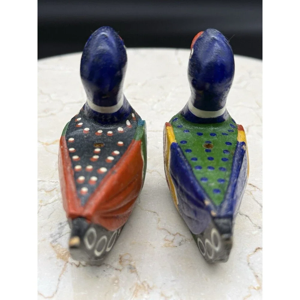 Vintage Korean Wedding Ducks Pair Hand Carved Painted Wood Folk Art 3.5”